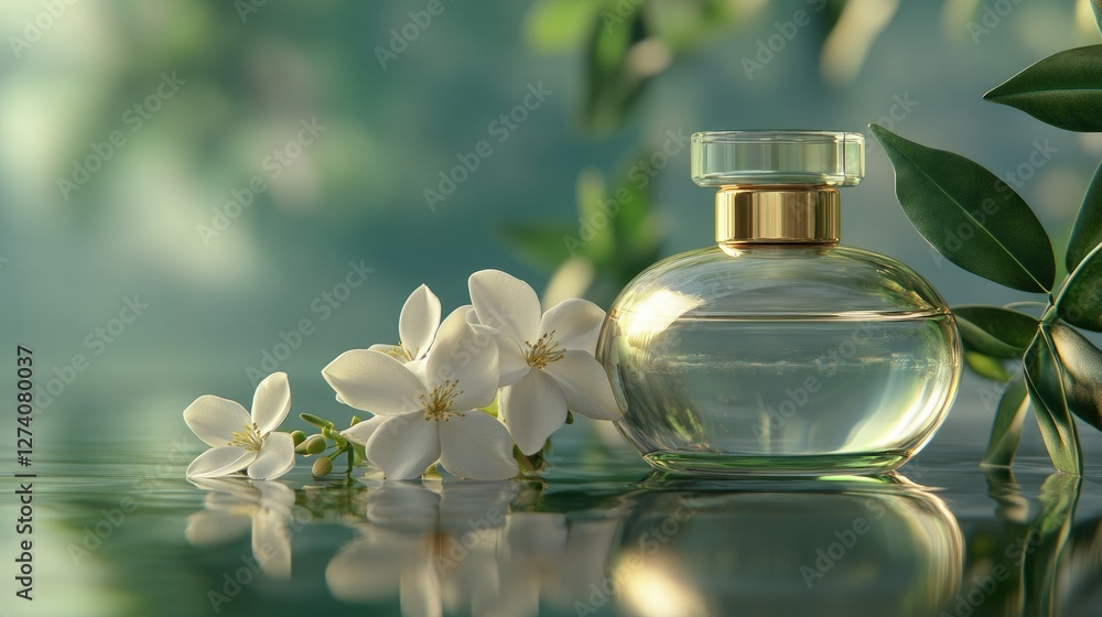 A classic glass perfume bottle with golden reflections, styled with jasmine flowers on a soothing green pastel backdrop, text-friendly layout. A classic glass perfume bottle with golden reflections, styled with jasmine flowers on a soothing green pastel backdrop, text-friendly layout.