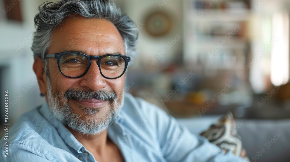 Obraz premium Man in glasses seated indoors.