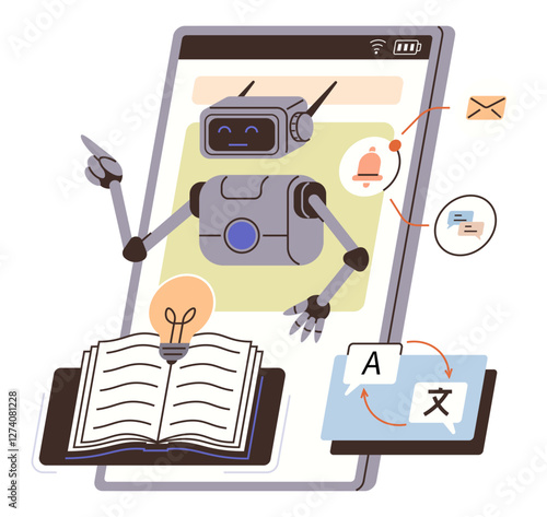 Robot interacting on a smartphone screen with open book, translation bubbles, emails, and notifications. Ideal for technology, AI, automation, language education productivity innovation. Flat