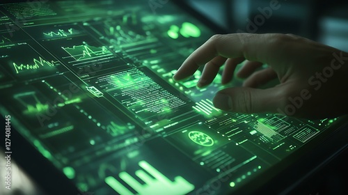 A corporate professional working on a financial planning document with subtle green financial indicators on the screen