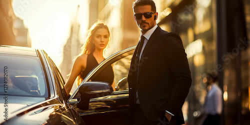 bodyguard in a suit and sunglasses protecting elegant woman in luxury car photo