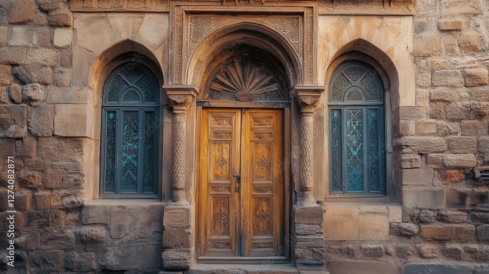 Konyas historical stone walls and windows, with detailed carvings and weathered surfaces, showcasing the citys cultural Konyas historical stone walls and windows, with detailed carvings and weathered surfaces, showcasing the citys cultural