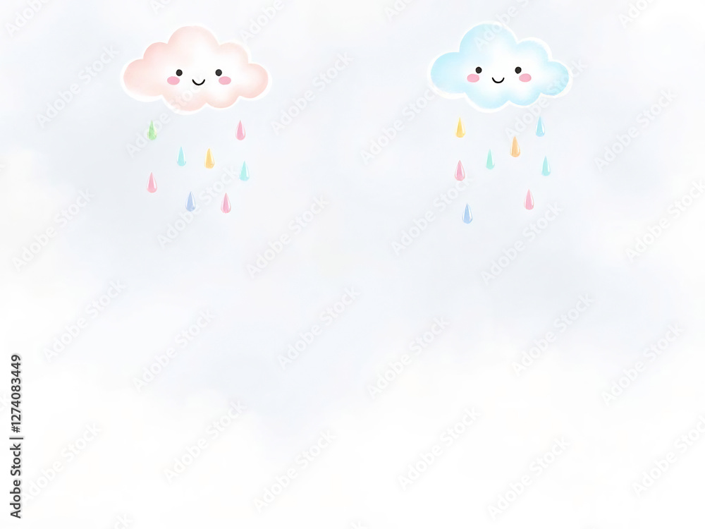 Obraz premium Two Cute Watercolor Clouds Pink And Blue Hanging In The Sky With Pastel Raindrops