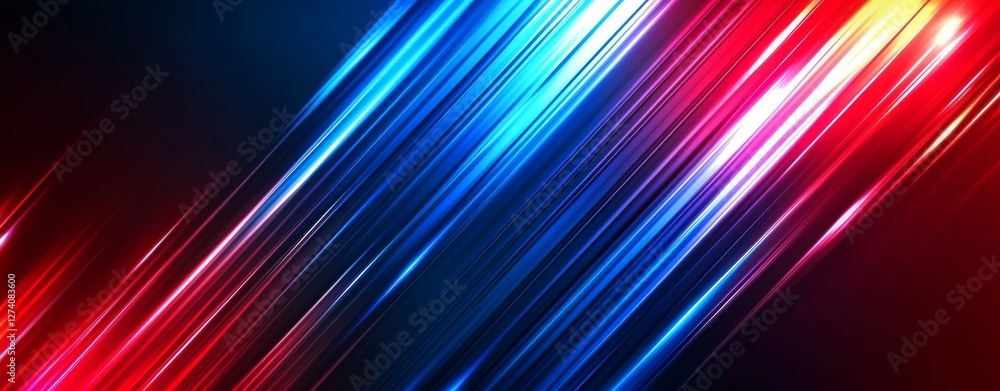 The scene is set against a neon-lit backdrop where bold red and blue beams cross, generating an intense and energetic radiance