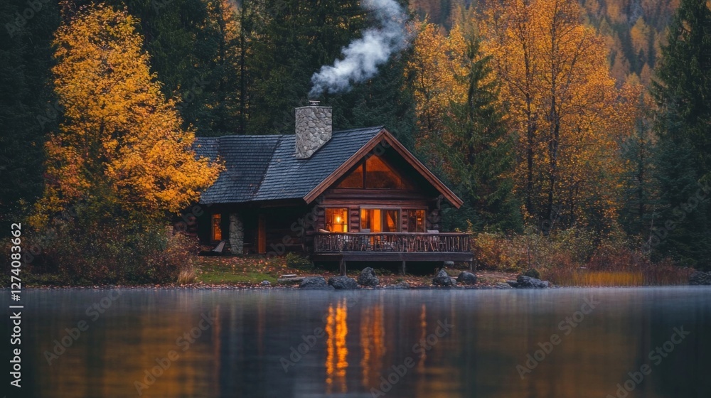 Fototapeta premium Autumn cabin by lake at dawn. Scenic view. Possible use Nature photography