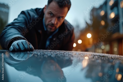 A focused man examines the glossy surface of a wet car, reflecting urban lights, representing attention to detail and contemplation within a bustling city atmosphere.
