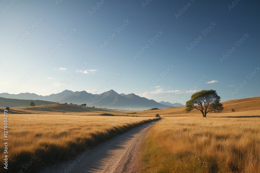 Obraz premium dirt road in a field with a lone tree in the distance