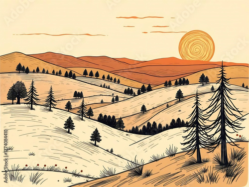 Warm Hues Landscape Illustration with Rolling Hills and Coniferous Trees at Sunset