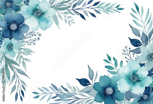 Elegant Watercolor Floral Frame with Blue and Teal Blossoms Accent