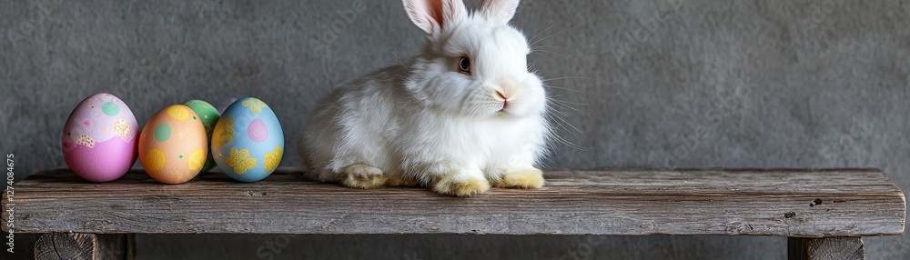 Obraz premium White rabbit beside colorful Easter eggs on a rustic wooden table.