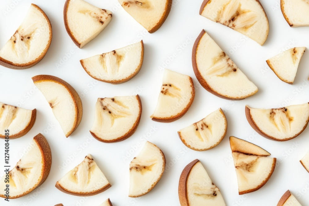 Sliced Asian pears, arranged, white background, overhead shot, food photography Sliced Asian pears, arranged, white background, overhead shot, food photography