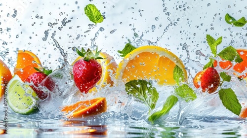 Fresh fruits splashing in water, showcasing vibrant colors and refreshing appeal.
