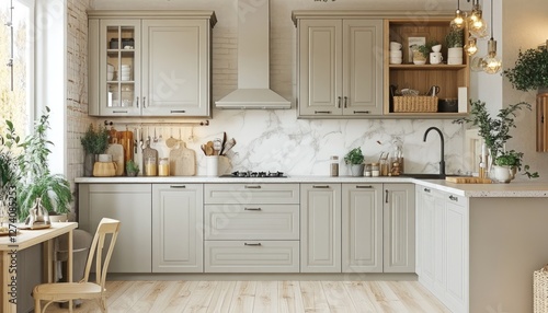 Bright kitchen interior design features light gray shaker cabinets, marble countertops, wooden accents, and open shelving. Natural light streams through a nearby window illuminating the room. Plants