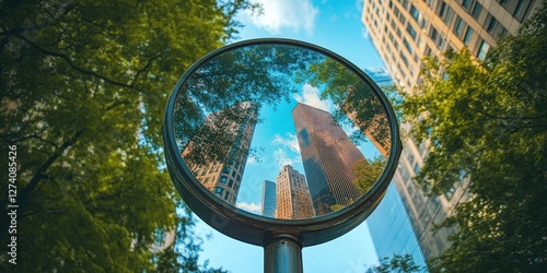 Sleek metal pole at an angle, framed by azure sky; its reflection dances on a towering glass edifice. 