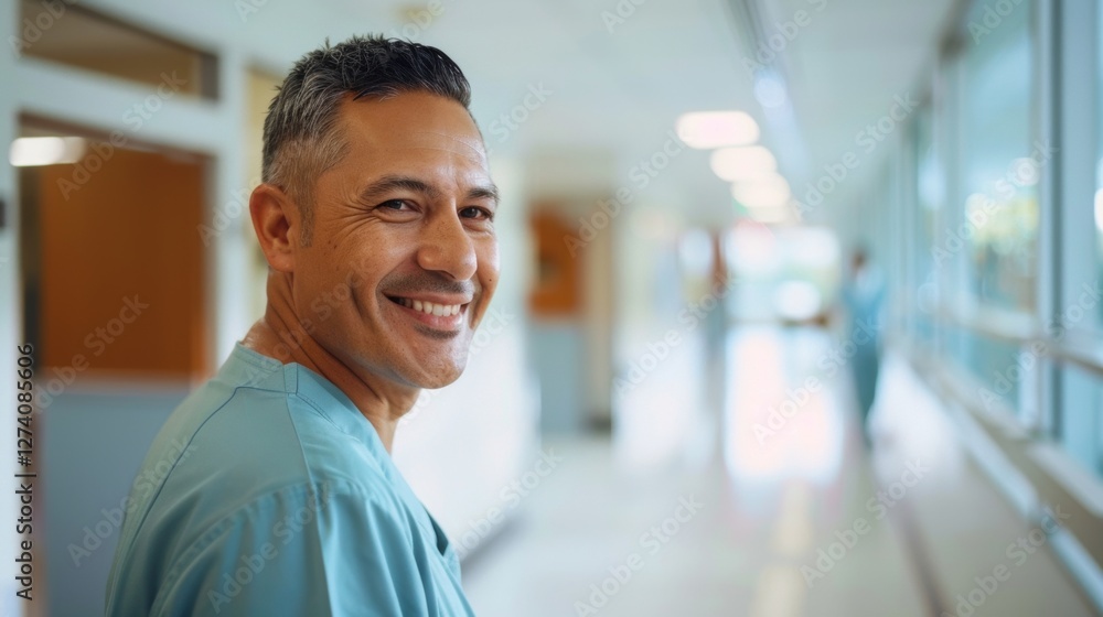Man in blue scrubs smiling at camera. Man in blue scrubs smiling at camera.