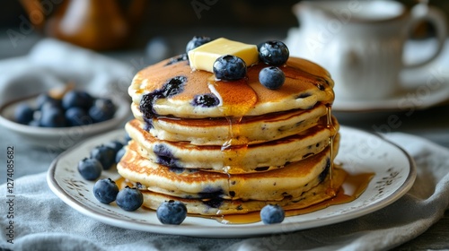 Blueberry Pancakes Stacked High with Syrup and Butter photo