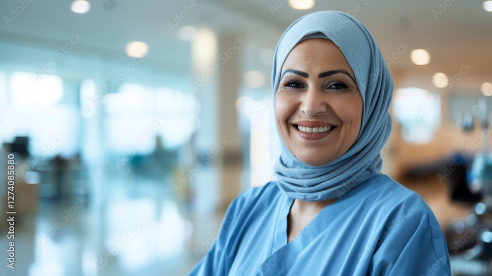 This image features a person in a blue hijab standing in a hospital setting, smiling at the camera. This image features a person in a blue hijab standing in a hospital setting, smiling at the camera.