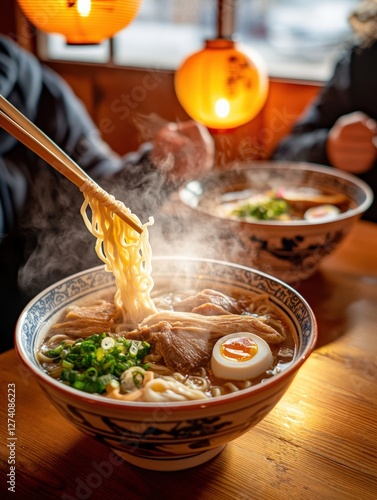 Delicious Noodle Soup with Ingredients in Bowl on Tableware photo