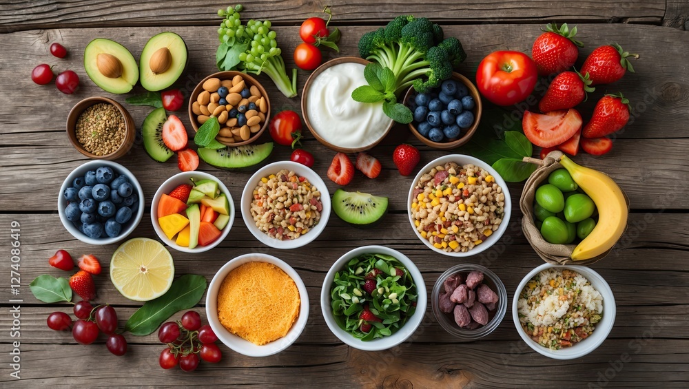An assortment of fresh fruits, vegetables, and nuts arranged on a wooden table, creating a vibrant and healthy display An assortment of fresh fruits, vegetables, and nuts arranged on a wooden table, creating a vibrant and healthy display