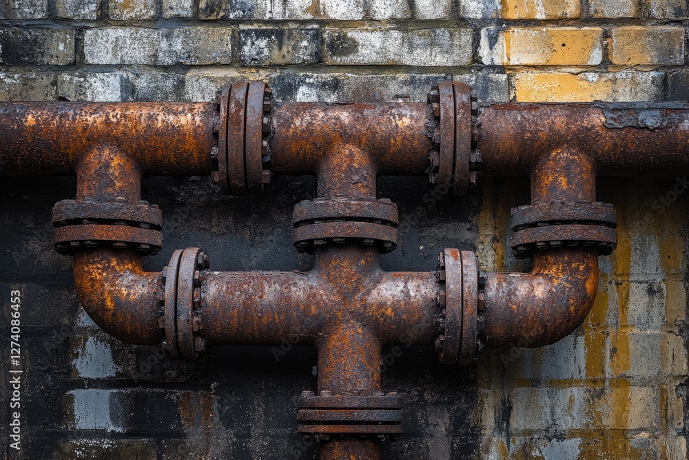 Rusty industrial pipes connected with flanges against a weathered brick wall. Rusty industrial pipes connected with flanges against a weathered brick wall.