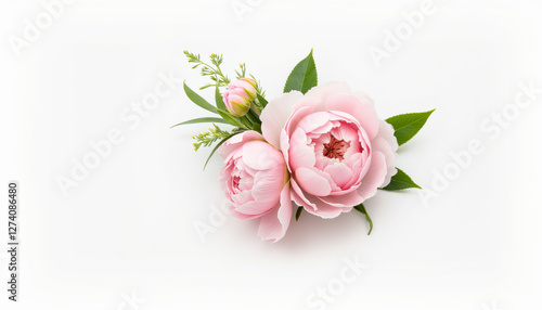 Elegant pink peony wrist corsage on white background, prom accessory