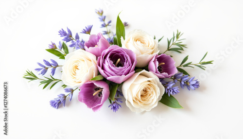 Elegant corsage with purple tulips and white roses on white canvas, prom celebration