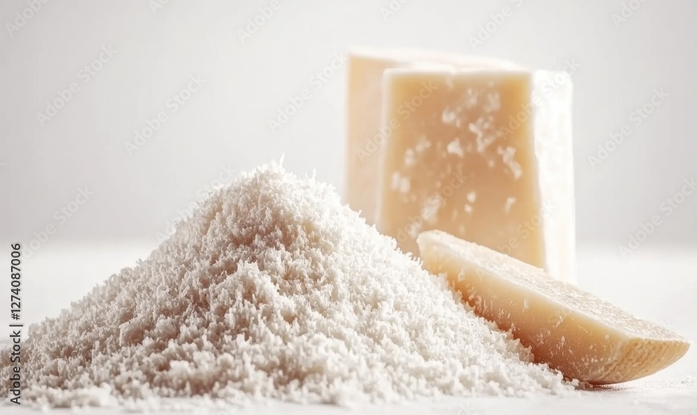 A close-up view of grated cheese with a block of cheese in the background, showcasing texture A close-up view of grated cheese with a block of cheese in the background, showcasing texture