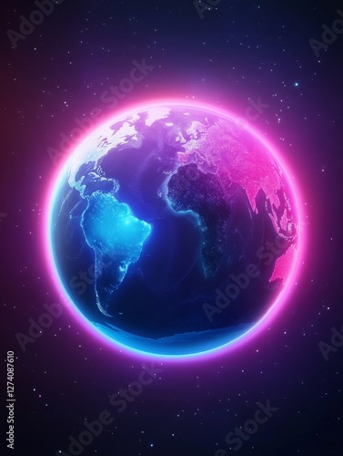 Glowing Earth Vibrant Planet - A vibrant illustration of planet Earth glowing with neon light, symbolizing global connection, technological advancement, future possibilities, environmental awareness