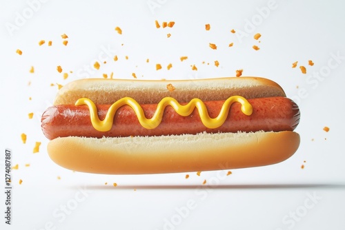 Hot dog, mustard, flying, crumbs, white, food, studio, advertising photo
