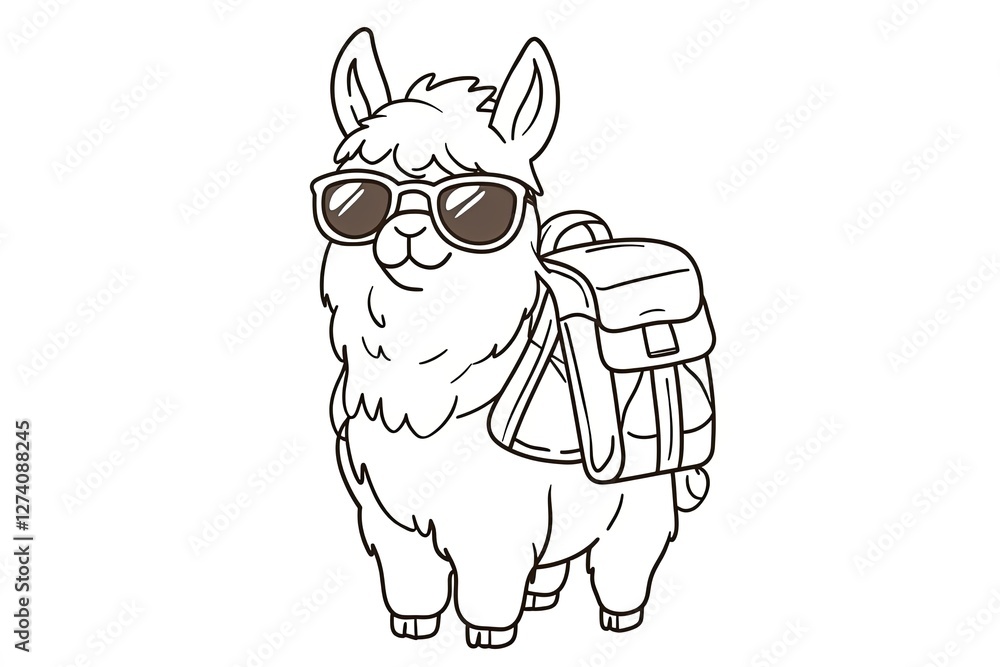 Fototapeta premium Tiny llama wearing sunglasses and a poncho, carrying a backpack.