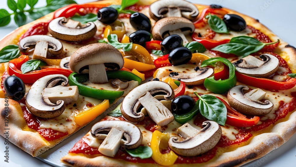 Fototapeta premium Delicious homemade pizza topped with fresh vegetables including mushrooms, olives, and bell peppers on a wooden surface