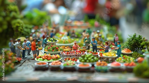 Wallpaper Mural A vibrant miniature scene depicting a bustling market filled with various food items. Torontodigital.ca