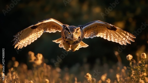 Eagle-owl in flight at sunrise over tall grass. Possible use Nature photography photo