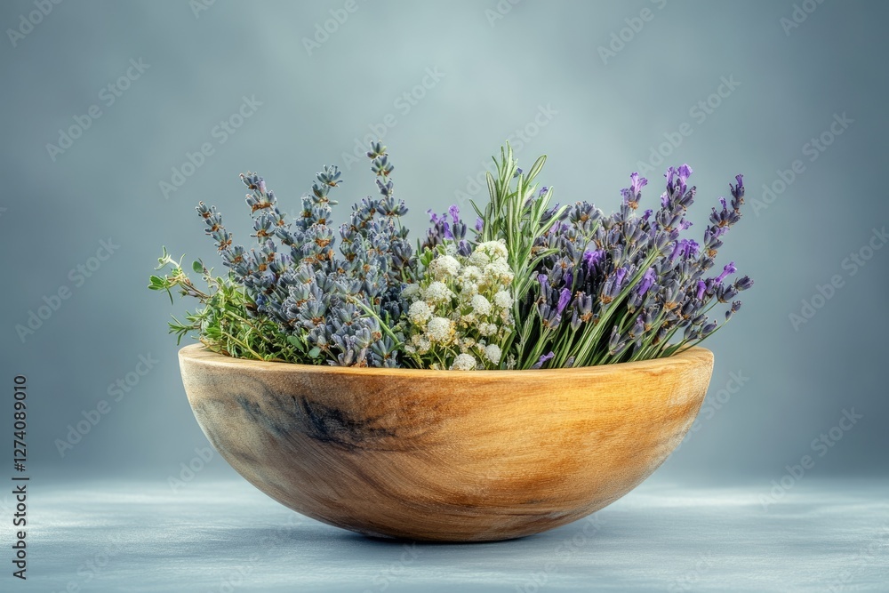 Fototapeta premium A wooden bowl filled with fragrant herbs, including lavender, rosemary, and thyme.