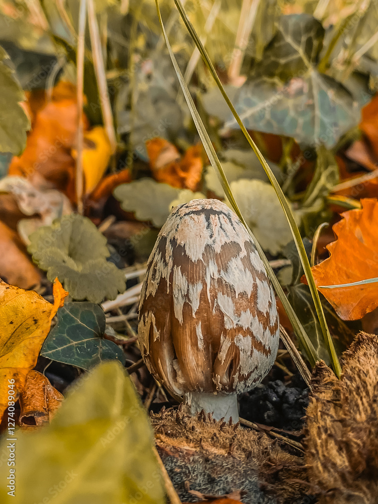 Mushroom in the autumn forest among the fallen leaves and grass
