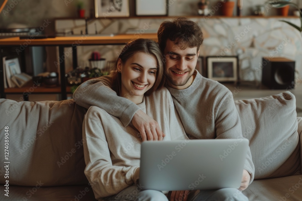 Portrait of a glad caucasian couple in their 20s watching computer laptop on the sofa at home Portrait of a glad caucasian couple in their 20s watching computer laptop on the sofa at home