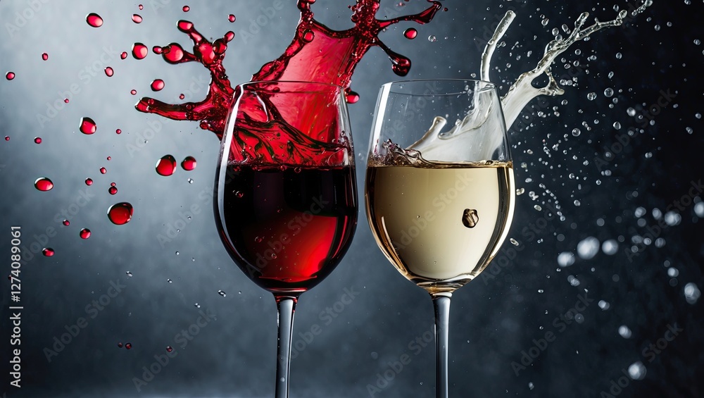 Fototapeta premium Two wine glasses filled with red and white wine, splashing liquid in a dynamic, artistic arrangement against a dark background