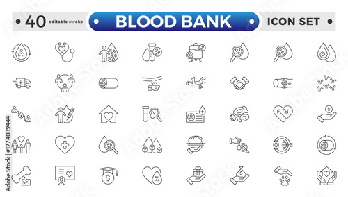 Blood Bank outline icon set with blood, donation, plasma, platelets, hemoglobin, apheresis, phlebotomy, transfusion, crossmatch blood bag, and hearts. Editable stroke outline icon. 
