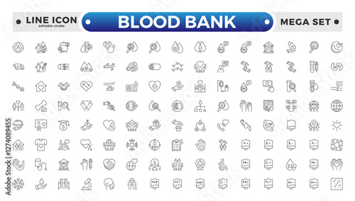 Blood Bank outline icon set with blood, donation, plasma, platelets, hemoglobin, apheresis, phlebotomy, transfusion, crossmatch blood bag, and hearts. Editable stroke outline icon. 
