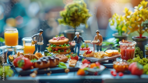 A whimsical display of miniature figures serving a variety of colorful foods and drinks.