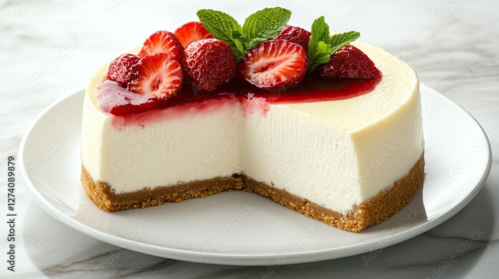 Gourmet cheesecake served with strawberry compote and a crunchy biscuit base, plated artistically on a marble background Gourmet cheesecake served with strawberry compote and a crunchy biscuit base, plated artistically on a marble background