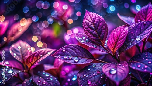 Surreal purple leaves, water drops on HD backdrop.