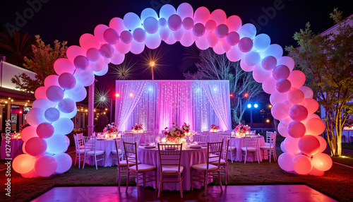 Vibrant balloon arch illuminating prom venue at night, celebration joy