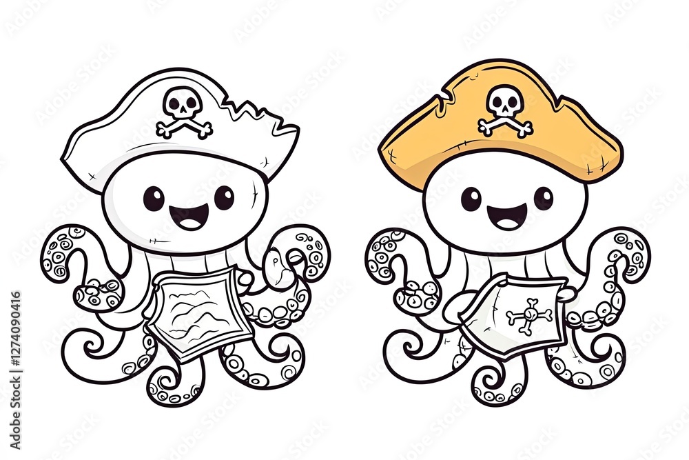 Fototapeta premium Little octopus with a tiny pirate hat, holding a treasure map.
