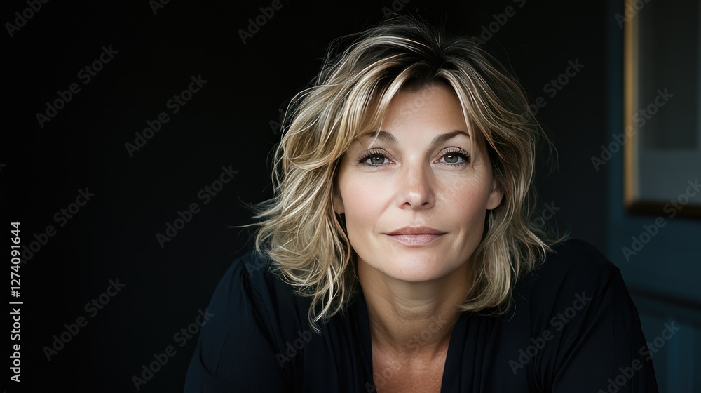 Portrait of a woman with soft features and tousled hair in a dimly lit room, highlighting her calm expression and elegance Portrait of a woman with soft features and tousled hair in a dimly lit room, highlighting her calm expression and elegance