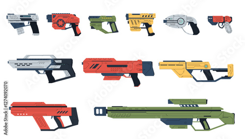Futuristic weapons for games. Laser weapons of the future. Space blasters. Futuristic pistols, rifles, assault rifles. Vector illustration