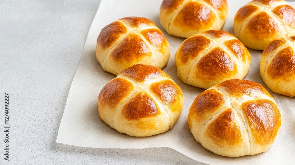 Golden Crusty Buns - Seven golden-brown, crusty buns with a crosshatch top, arranged on baking paper. Perfect for breakfast or a snack Golden Crusty Buns - Seven golden-brown, crusty buns with a crosshatch top, arranged on baking paper. Perfect for breakfast or a snack