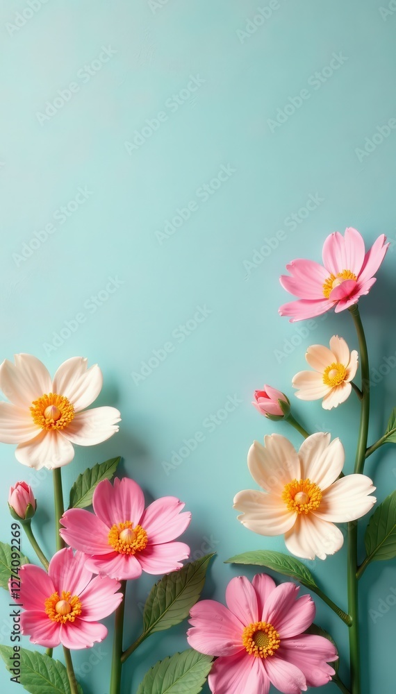 Naklejka premium Pastel artificial flowers, textured wall backdrop Vintage aesthetic , textured wall, retro