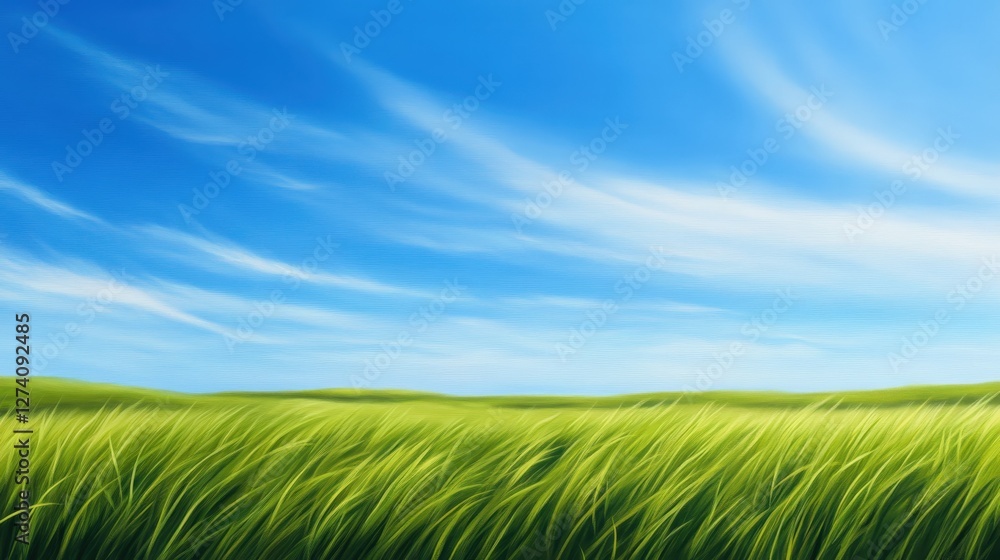 Obraz premium A vibrant landscape showcasing a lush green field under a clear blue sky, with soft clouds drifting above. This serene environment invites peace and tranquility.