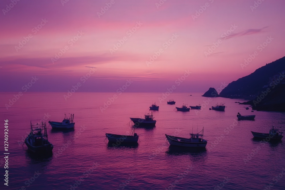 fishing boats gently rocking on the calm sea, the water reflecting the soft pink and purple sky as dusk falls. fishing boats gently rocking on the calm sea, the water reflecting the soft pink and purple sky as dusk falls.